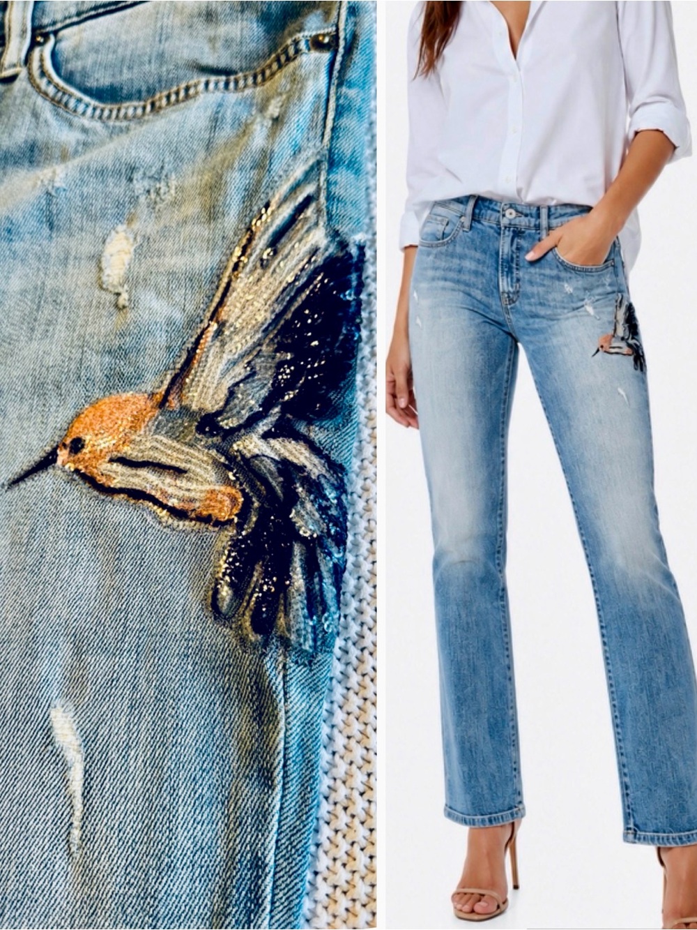 CAMBIO Leisure Fit Light Blue Beaded Hummingbird Straight Leg Jeans — LHP